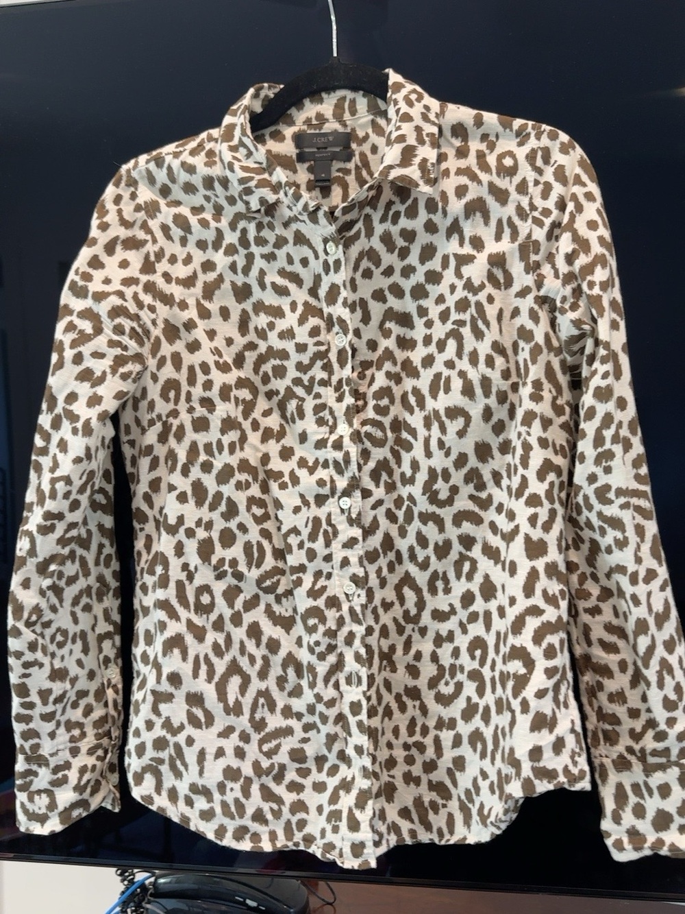 JCrew Leopard Print Button-Up Shirt in Cream and Brown